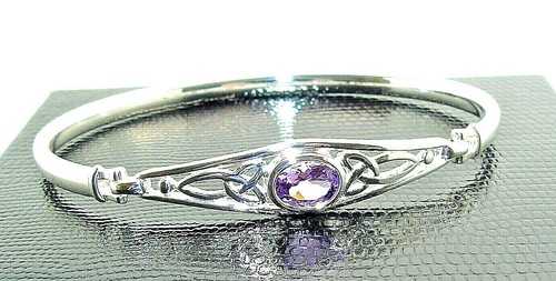 925 HALLMARKED SILVER CELTIC BANGLE WITH GENUINE OVAL CUT AMETHYST 7.5/" 10 GRAMS
