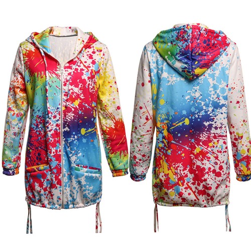 Womens Rainbow Graffiti Style Cool Jacket Printing Long Sleeve Casual Loose Coat