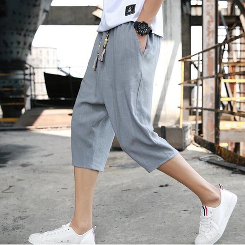 Men/'s Summer 3//4 Long Length Shorts Linen Cotton Baggy Multi Pocket Half Pants