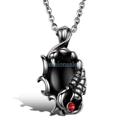 22" Inch Stainless Steel Chain w/ Scorpion Black Glass Pendant  Mens Necklace 