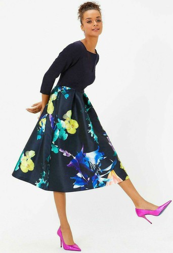 Coast Solid Bodice Floral Midi Wedding Cocktail Occasion Party Dress 6 To 18 New