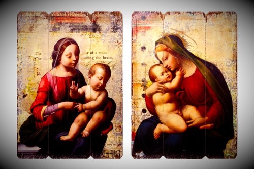 Kind Vintage Nostalgie Wanddeko Holzschilder 2 Marien Madonnen Figuren Mutter