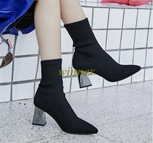 Womens PointyToe Chunky Block Heels Ankle Boot Mid Calf Shoes Stretch Sock Boot
