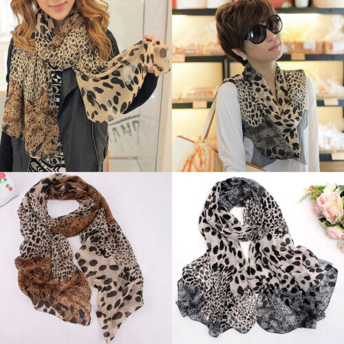 Womens Leopard Print Chiffon Shawl Scarf Beach Long Wrap Stole Holiday Scarves