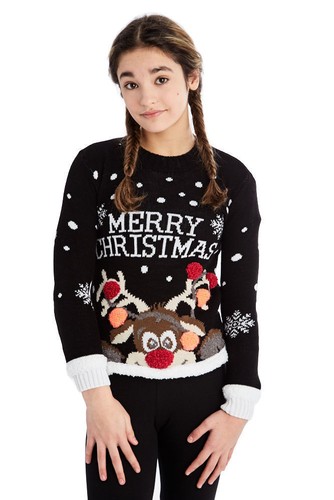 KIDS GIRLS BOYS XMAS JUMPER A VERY MERRY CHRISTMAS TREE 3D BAUBL POM JUMPERS Top