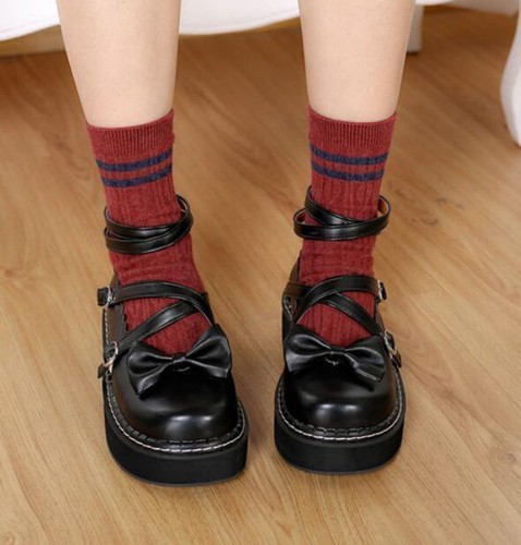 Womens round toe bowknot Lolita Mary Jane Cute Cross Strappy Platform Shoes Cute
