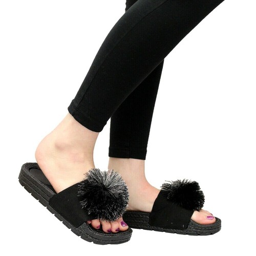 Ladies Women Summer Beach Espadrilles PomPom Slip On Sliders Mules Sandals Shoes