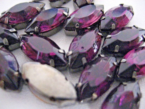 Black Silver Cup Horse eye Navettes glass Rhinestone Sew-on 15 X 7 mm 12 pcs