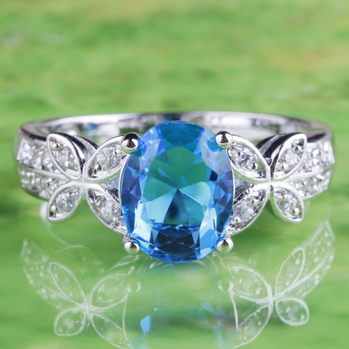 Oval Cut Blue /& White Topaz Gemstone Silver Ring Taille 7 8 9 10 Estate Jewelry