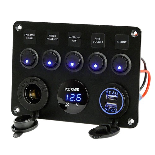 12V Auto Marine Boot LED 5 gang Schalter Schalterpanel Schalttafel USB Voltmeter