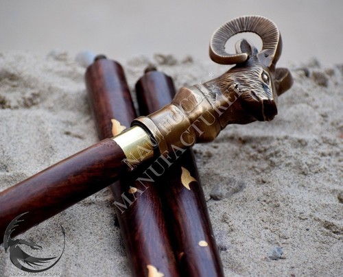 Vintage Accessories Mountain Goat Brass Head Handle Wooden Canes /& Walking Stick