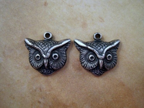 2 Oxidized Silver Plated Brass Owl Head Charm Stampings SOS8241