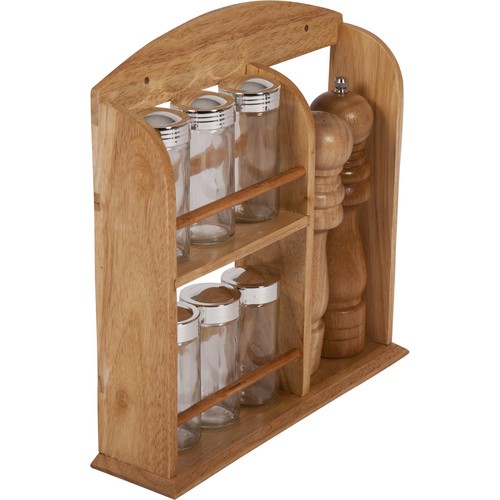 Urban Living Wooden Spice Rack With 6 Spice Jars and a Salt and Pepper Grinder