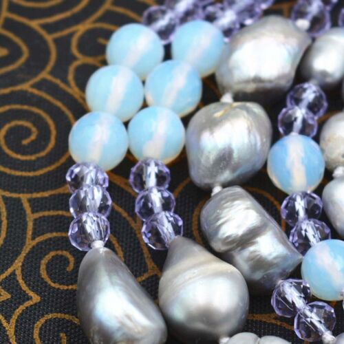 6mm Crystal 8mm Opal Silver Baroque Natural Pearl Hand Knit Necklace 60‘’