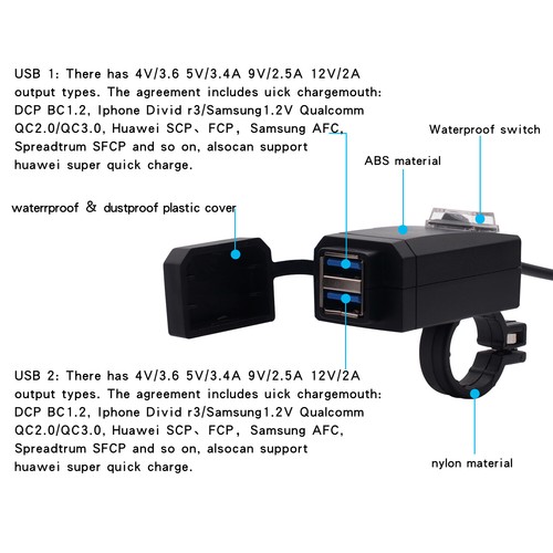 QC 3.0 Waterproof Motorcycle Phone GPS Dual USB Fast Charger with Cable Harness
