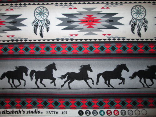 Navajo Indian Totem Horse Border Gray Black Cotton Fabric BTHY