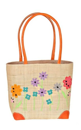 SPRING FLOWERS BASKET natural raffia straw beach bag fair trade Madaraff NEW!