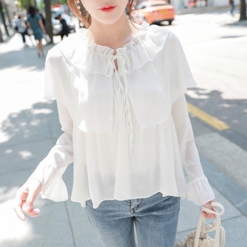 Damen Chiffon T-Shirt Oberteile Rüsche lang Fackel Ärmel Lolita Rüschen Bluse