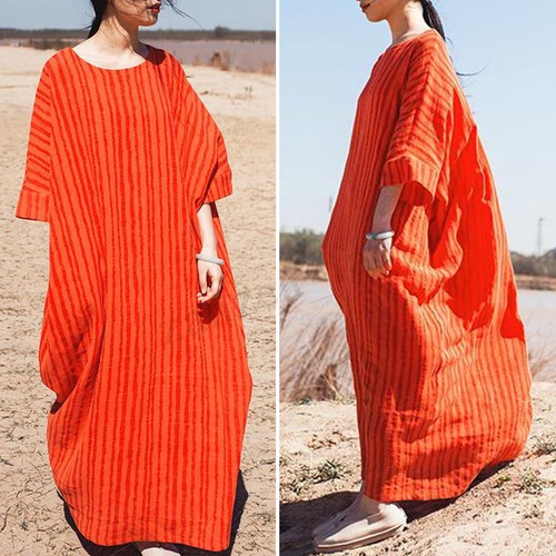 Damen Mode Gestreifte Lose Rundhals Kurzarm Vintage Langes Maxi-Kleid Oversize