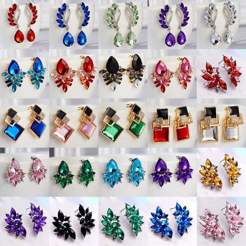 1Pair Fashion Elegant Lady Crystal Rhinestone Ear Clip Stud Dangle Drop Earrings