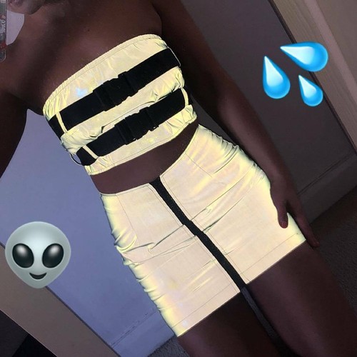 UK Women Reflective Bodycon Two Piece Crop Top and Skirt Set Bandage Dress Party