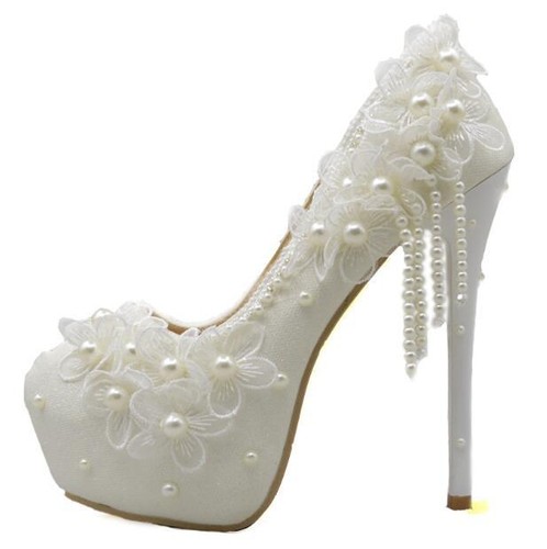 White Lace Flowers Pearl Round Toe Pumps High Heels Bride Princess Wedding Shoes