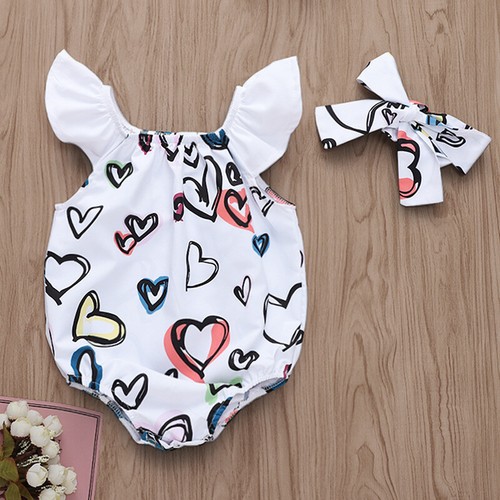 Newborn Baby Girl Ruffle Sleeveless Romper Heart Bodysuit Jumpsuit Outfit Summer
