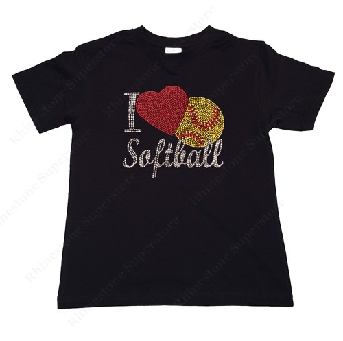 Girls Rhinestone T-Shirt /" I Love Softball /" in Size 3 to 14 Available