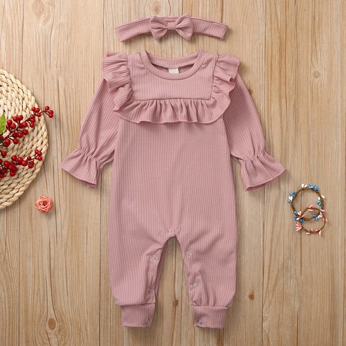 Newborn Infant Baby Boys Girls Solid Ruffle Romper Jumpsuit Headband Outfits UK