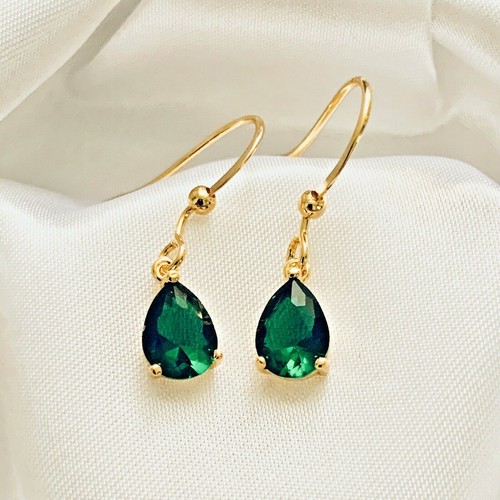 18kGF Hook Gold Dangle Drop Earrings in Free Gift Box Pear Cut Green Emerald