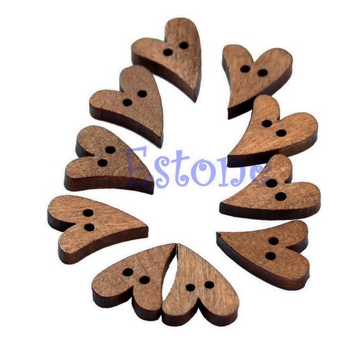 100pcs New Wood Wooden Sewing Lovely Heart Shape Button Craft Scrapbooking Brown