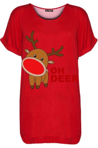 Womens Ladies Turn Up Sleeve Xmas Oh Deer Christmas Oversize Baggy T Shirt Top