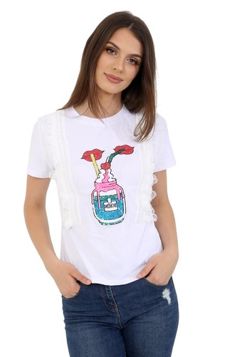 Women Ladies Sequin Fruits Water Melon Puppy Dog Pine Apple Summer Holidays Tops