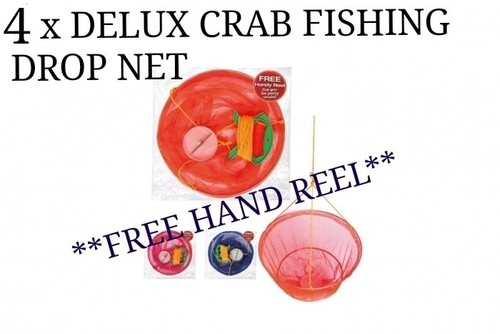 4 x DELUX CRAB FISHING DROP NETS 3 NEON COLOURS AVAILABLE ** FREE HAND REEL**