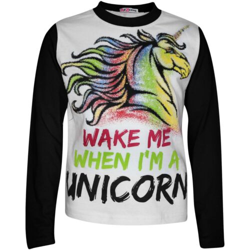 Girls Wake Me When I/'M A Unicorn Pyjamas Lounge Wear Nightwear Black PJS 5-13 Yr