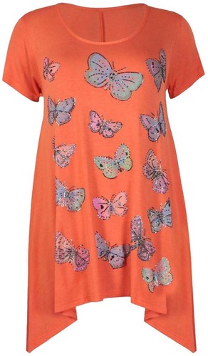Womens Glitter Butterfly Print Tunic Hanky Hem T-Shirt Long Top Plus Size 14-28