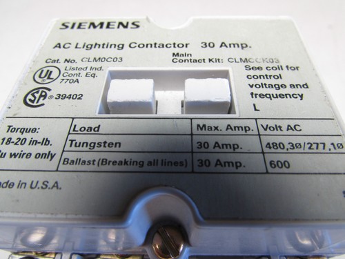 SIEMENS CLM0C03 AC LIGHTING CONTACTOR 30amps w// CLMKCMR RECTIFIER MAKE OFFER!
