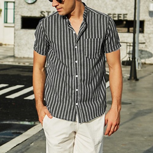 Herren Sommer Holiday Shirts Linen Grandad Neck Cotton Striped Shirt Tops Bluse