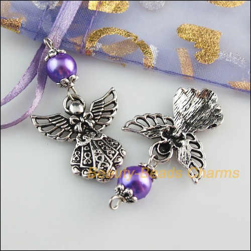5 New Charms Purple Glass Round Beads Angel Pendants Tibetan Silver Tone