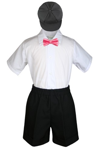 4pc Boys Toddler Formal Baby Black Shorts Set With Colors Bow Tie Hat S-4T