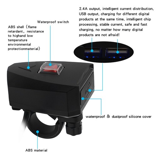 Waterproof 12V ATV Motorcycle Dual USB Phone Charger Handlebar Mount w// Switch