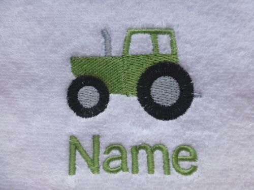 CHILD/'S HOODED ROBE embroidered with a TRACTOR design and Personalised Name