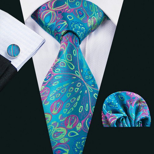TURQUOISE /& PINK PAISLEY SILK TIE HANKY CUFFLINKS ITALIAN DESIGNER