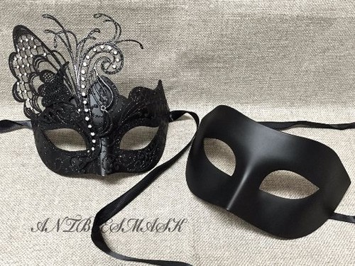 Black Glitter Metal Female and Classic Male Couple Mask