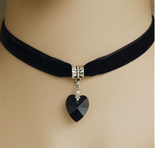 10mm Black Velvet Choker Necklace Faceted Glass Valentine Heart