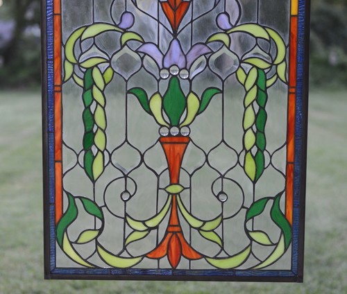 Handcrafted Jeweled stained glass window panel 20.5/"W x 34.5/"H