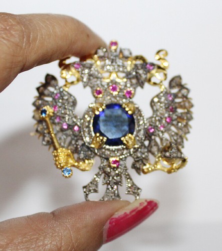 2.95ct ROSE CUT DIAMOND SAPPHIRE RUBY ANTIQUE VICTORIAN 925 SILVER BROOCH PIN