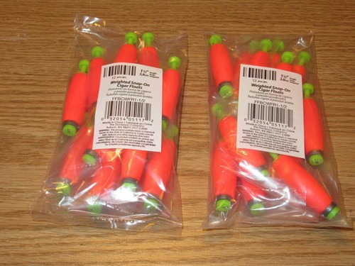 24 1.50/" FISHING BOBBERS Cigar Floats Flo Orange Weighted Foam Snap on Float