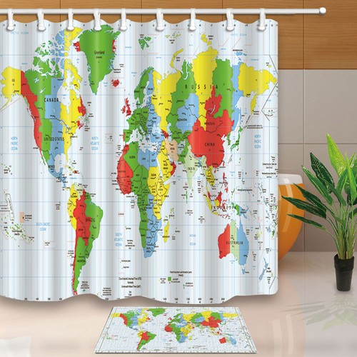 Colored World Map Decor Bathroom Polyester Fabric Shower Curtain With12 Hooks