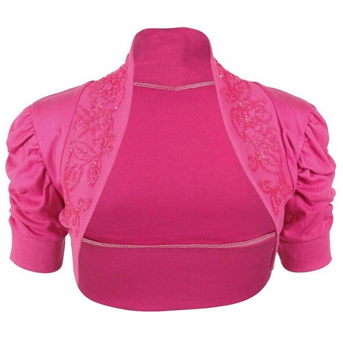 New Ladies Puff Sleeves Cotton Beaded Ruched Bolero Shrug Crop Top Cardigan
